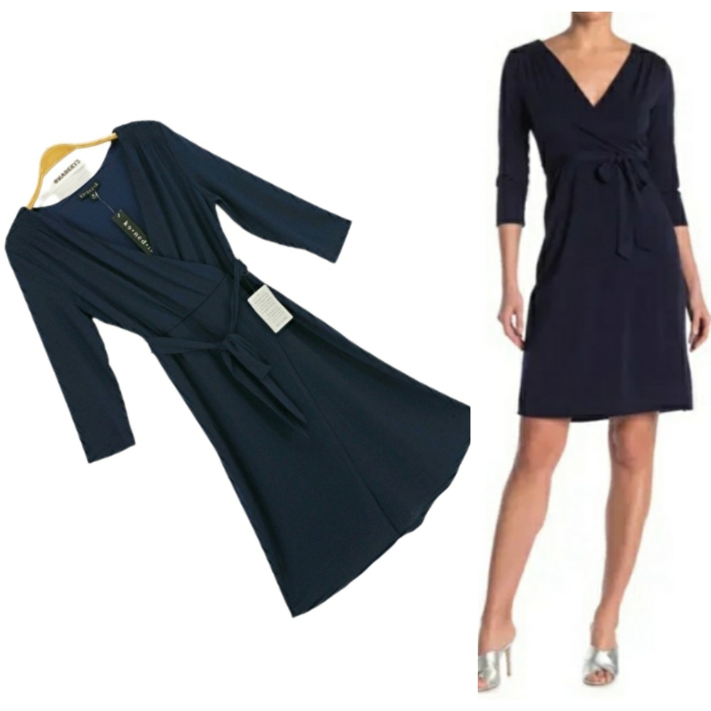 New KENEDIK Navy Faux Wrap Dress with Smocked Shoulder sz M